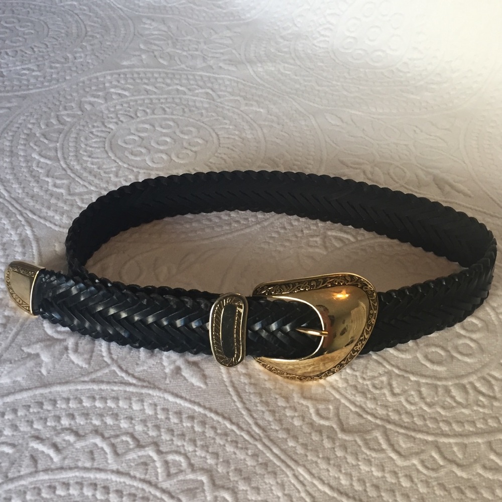 Vintage Black Leather Woven Belt w/Gold Buckle